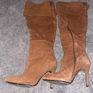 Brown knee high suede boots